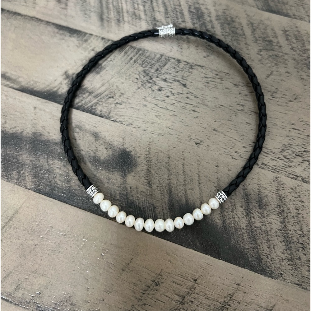 Antique leather and pearl necklace